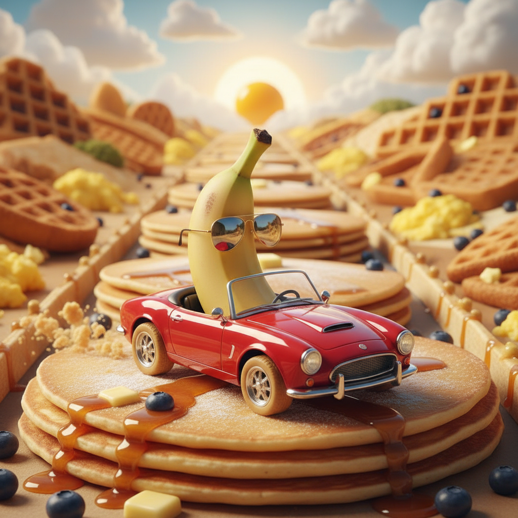 A banana in sunglasses driving a convertible