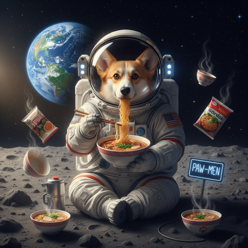 A corgi astronaut eating ramen on the moon