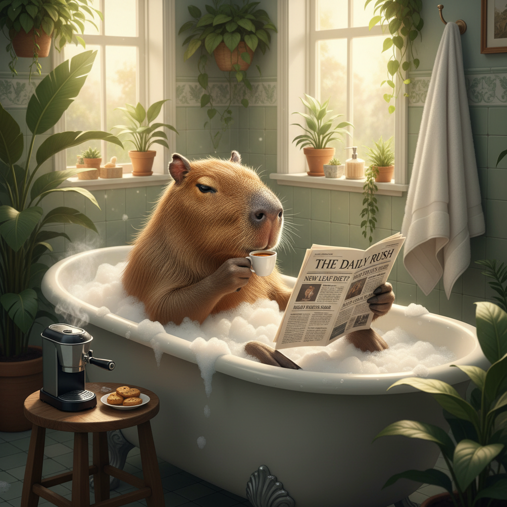 A capybara in a bubble bath sipping espresso