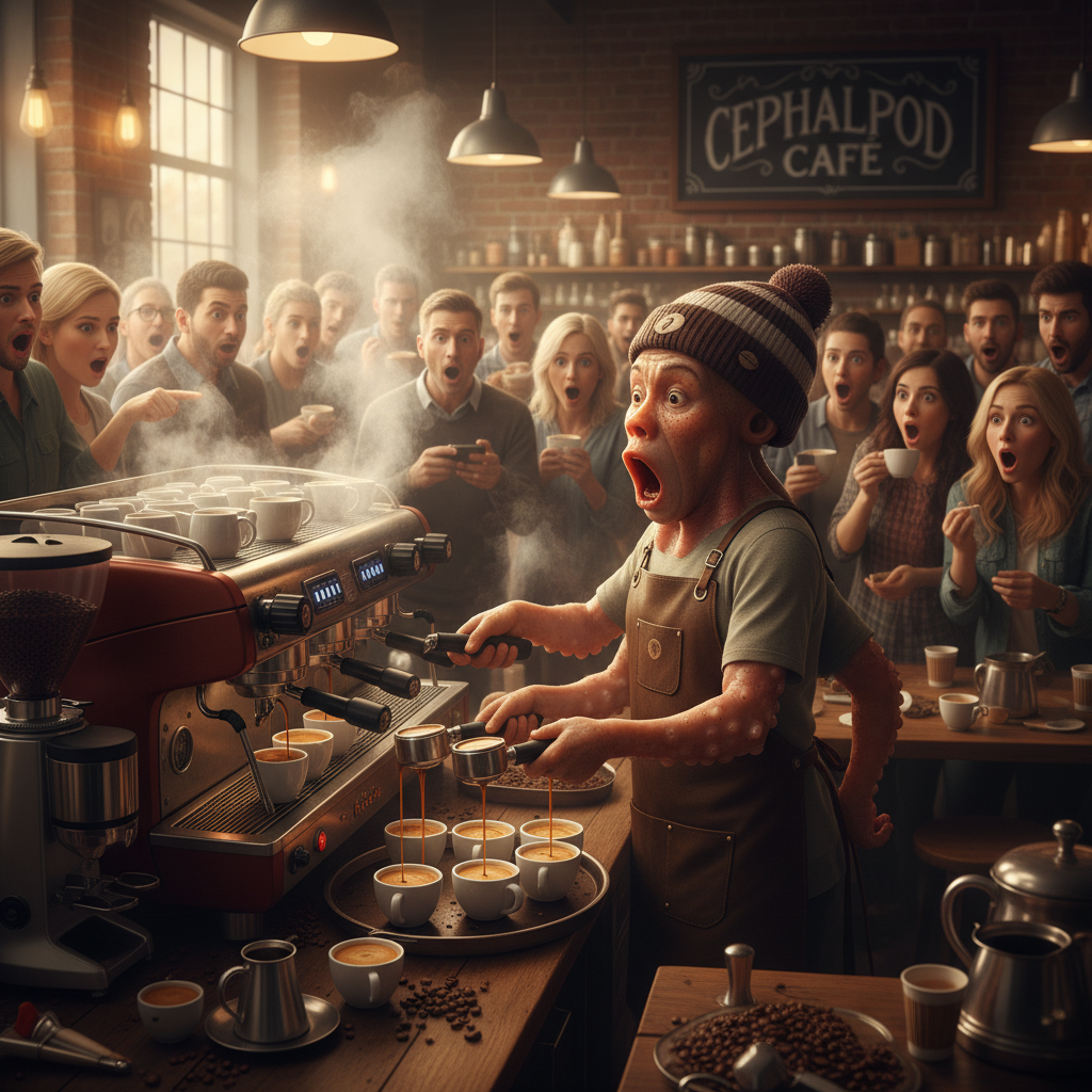 An octopus barista pulling eight espresso shots