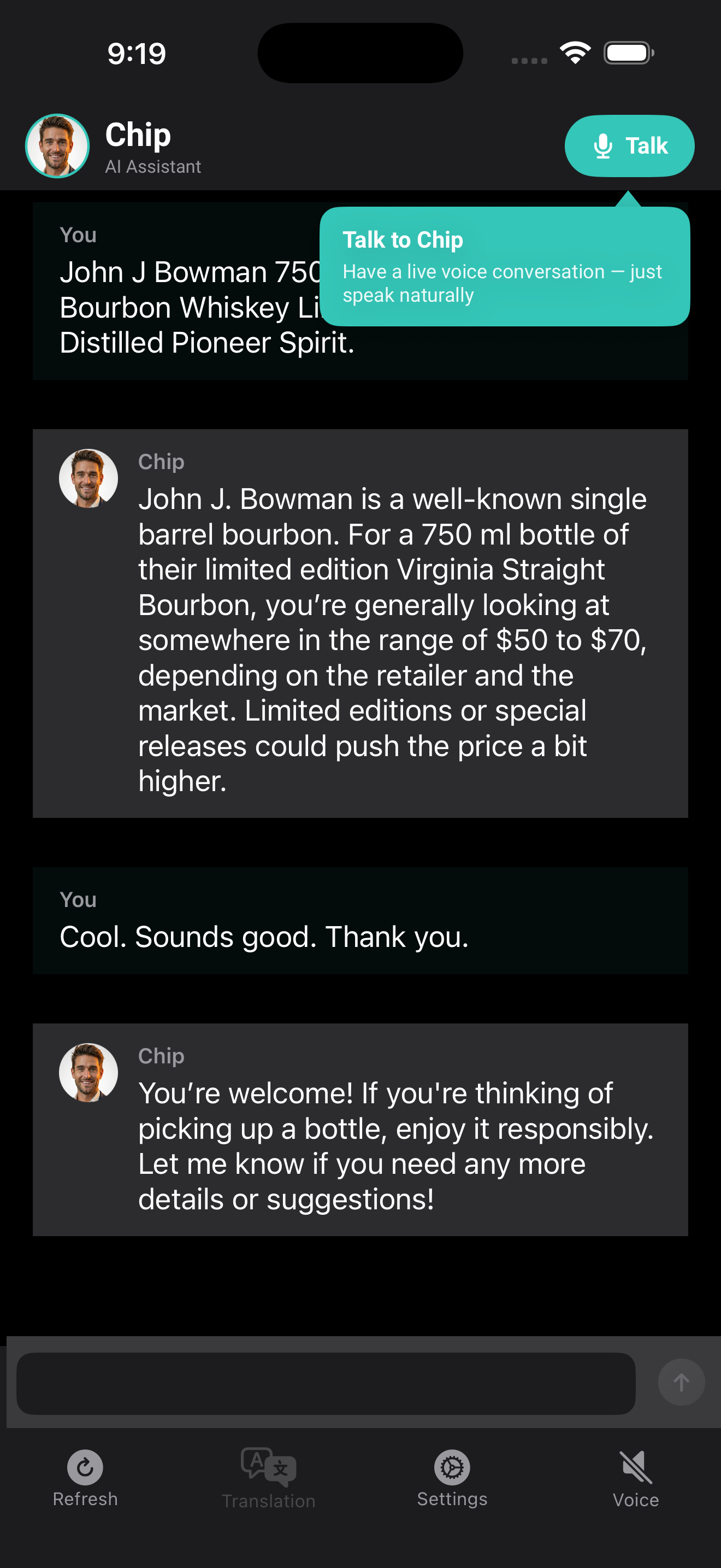 Chip iPhone app — chat conversation