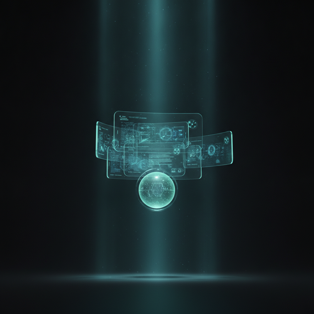sleek floating glass interface panels and a glowing mint-teal AI core hovering over a dark studio, soft volumetric light, deep black backgro