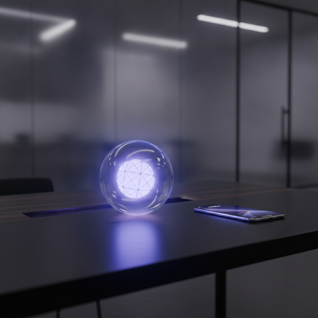 a wide cinematic shot of a glowing blue-violet AI assistant orb resting on a sleek dark minimalist desk beside a modern smartphone, soft vol