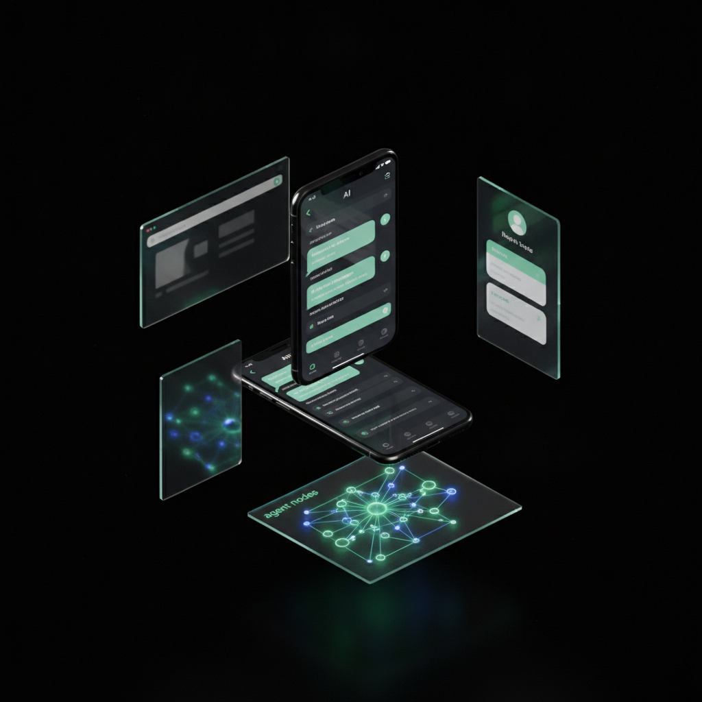 an Apple keynote-style 3D isometric render floating above deep black space — a glossy iPhone showing a mint-accented AI chat, surrounded by