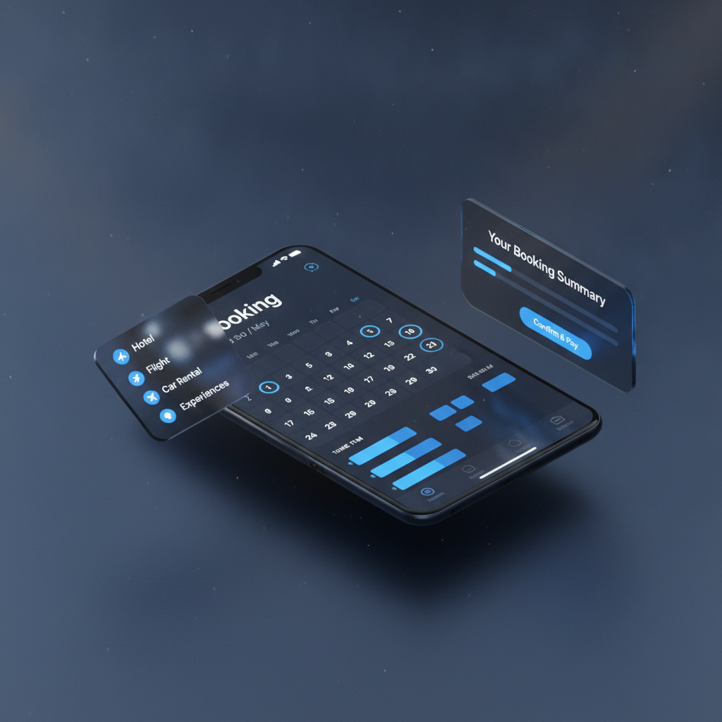 a sleek dark-mode app interface with a booking flow and calendar, blue accent highlights, floating UI panels, Apple keynote-style 3D isometr