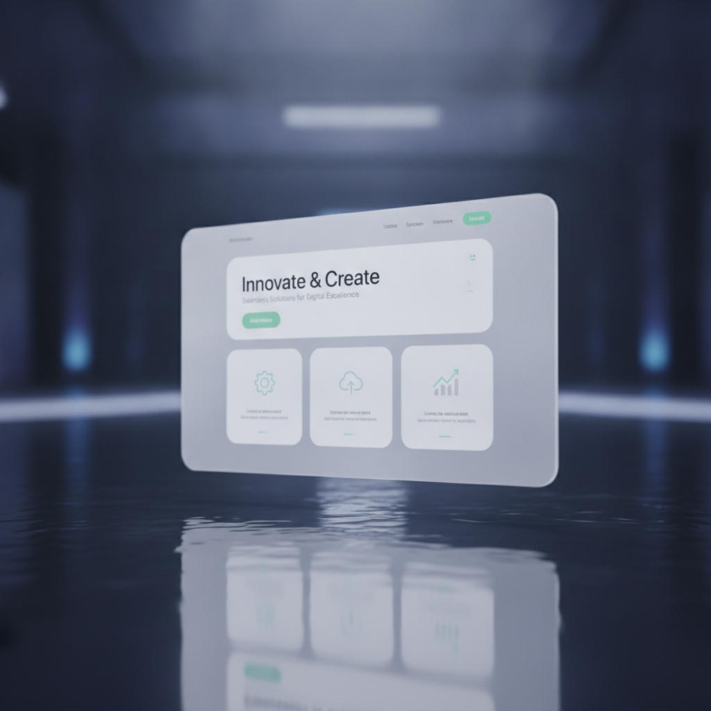 a beautiful minimal website mockup floating on dark glass with mint accent buttons and rounded cards, shallow depth of field, Apple keynote