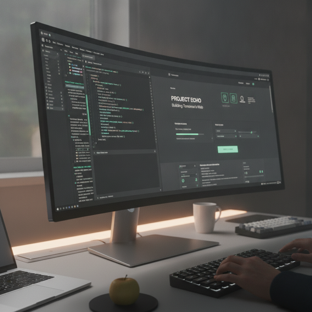 a developer's screen showing a beautifully designed dark-mode web page coming together in real time with mint accent highlights, soft cinema