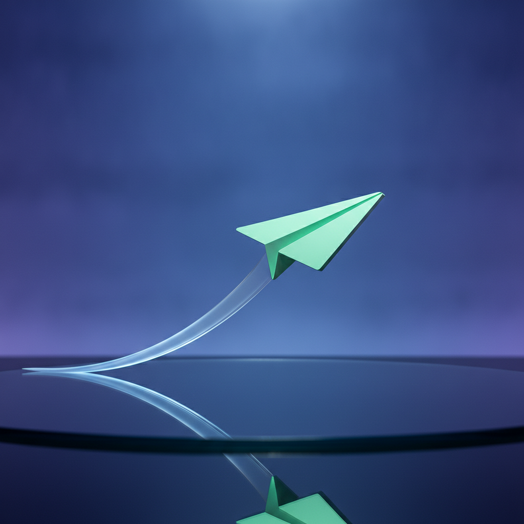 a clean mint paper-plane icon launching off a dark glass surface with subtle motion trail, minimal premium composition, Apple keynote 3D ren