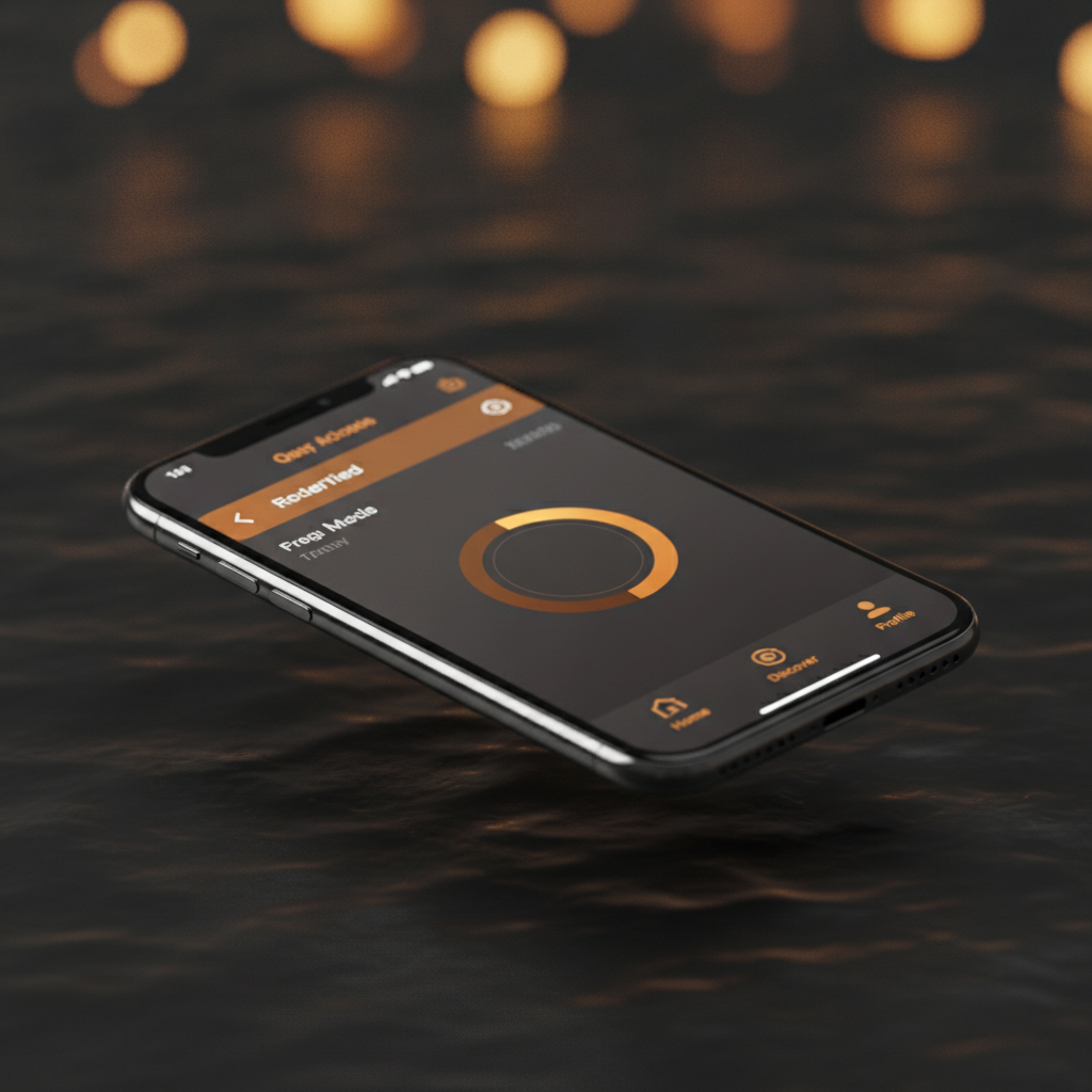 a glossy smartphone showing a clean native app screen with amber accents, floating above a dark surface, Apple keynote-style 3D isometric re