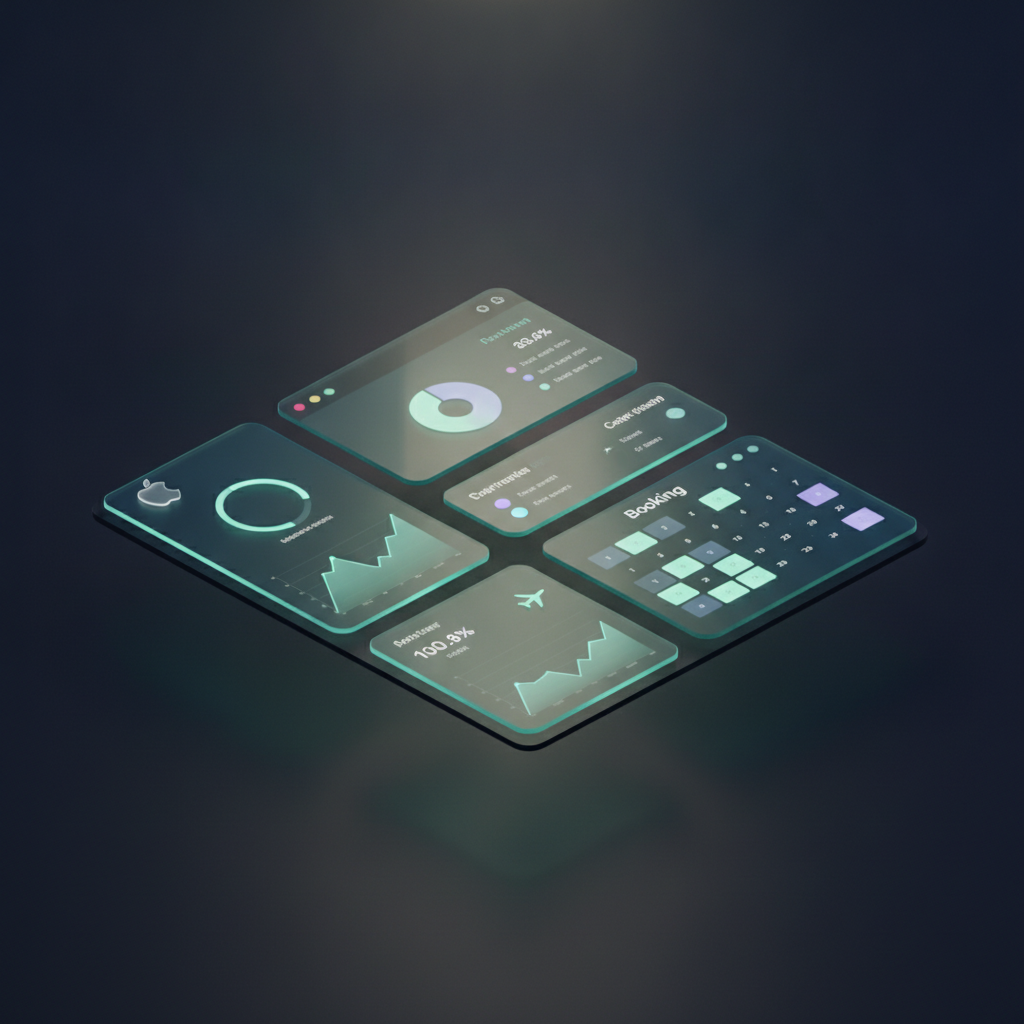 a sleek web application dashboard with mint-teal data panels and a booking calendar interface, dark UI, soft studio lighting, isometric Appl