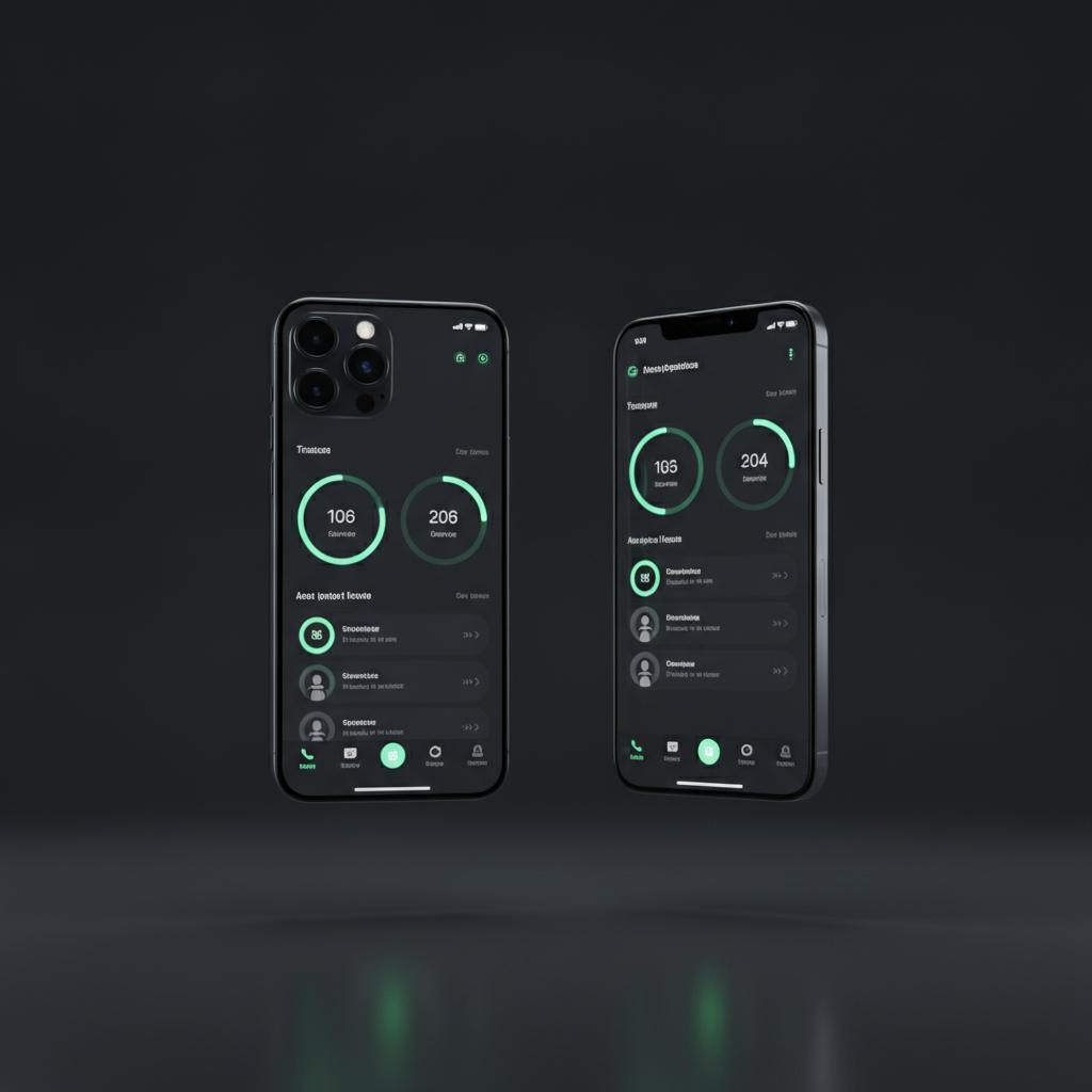 two modern smartphones one iPhone one Android floating side by side showing a clean mint-accented app interface, dark background, soft refle