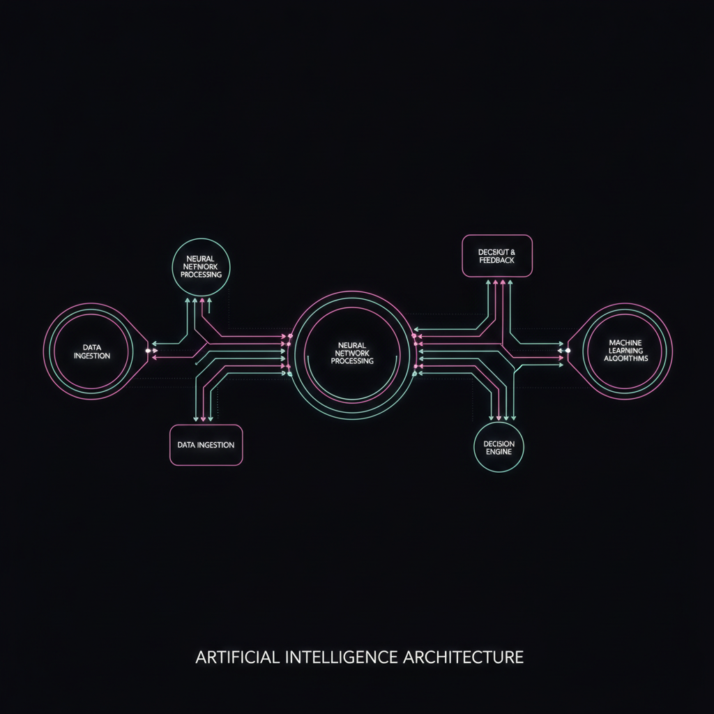 a glowing technical blueprint of an AI system with pipelines and nodes drawn in pink and mint lines on deep black, minimal clean line illust