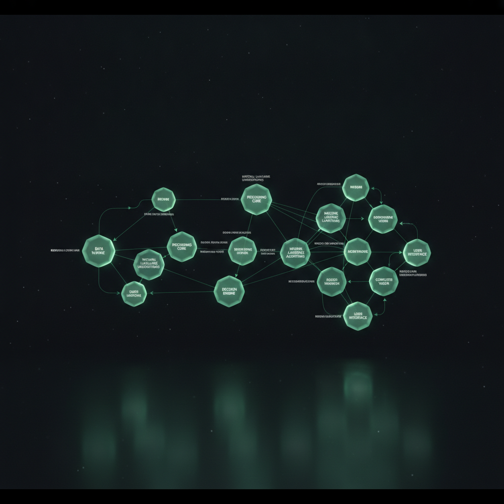 an architectural blueprint of an AI system rendered as glowing mint nodes and connection lines floating over dark space, agent workflow diag