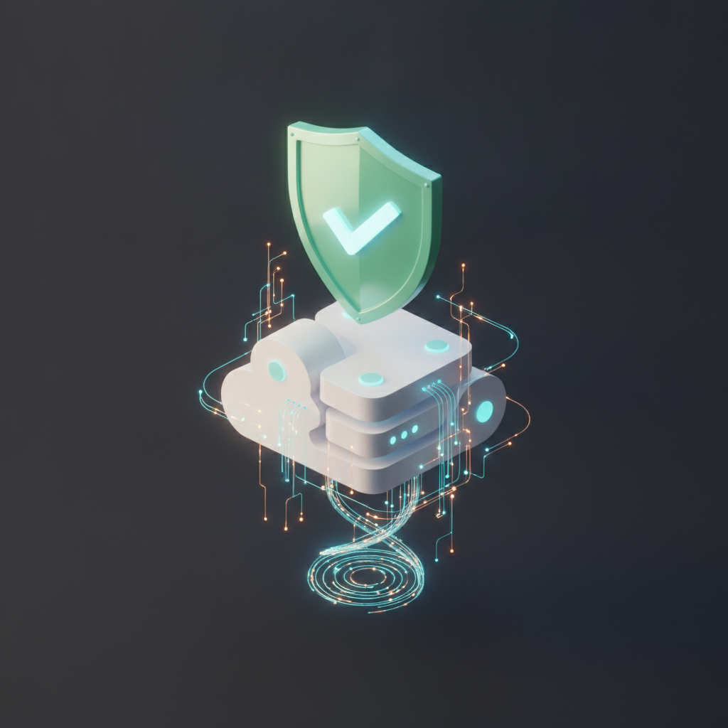 a serene cloud server with a mint checkmark shield floating above it on a dark backdrop, glowing data streams, Apple keynote-style 3D isomet