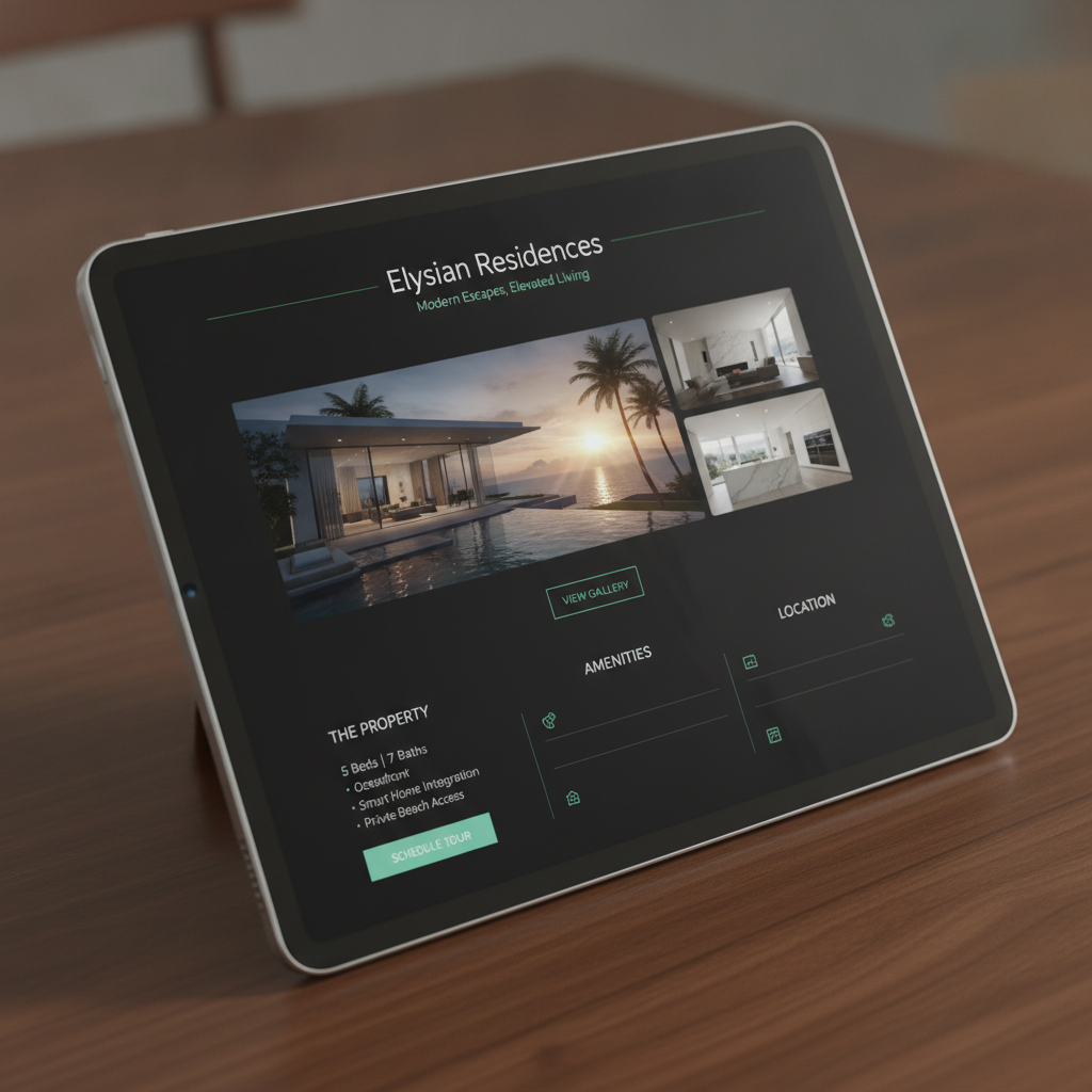 a luxurious modern real estate listing web page on a tablet, elegant property photography layout with mint accents, dark premium UI, Apple-s