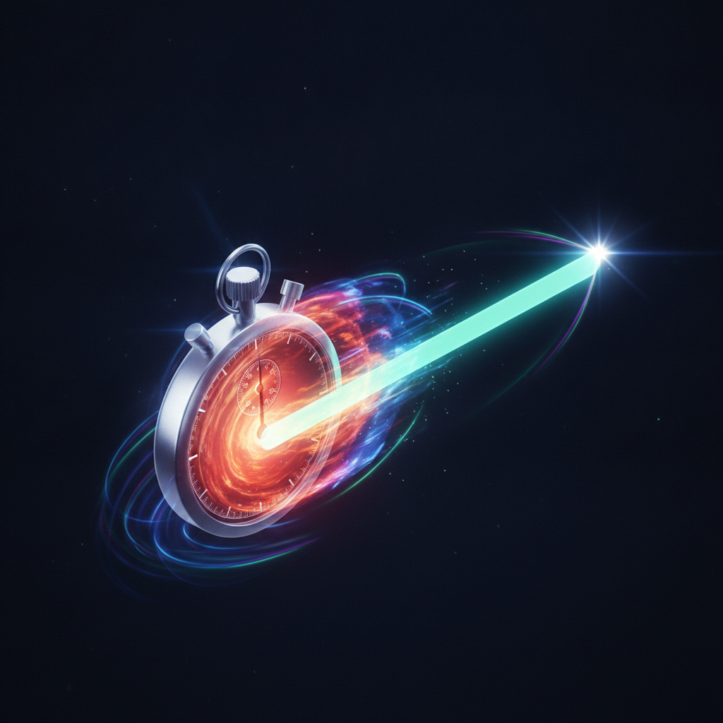 a fast glowing stopwatch fused with a mint progress bar racing to completion on a dark background, motion light trails, Apple keynote-style