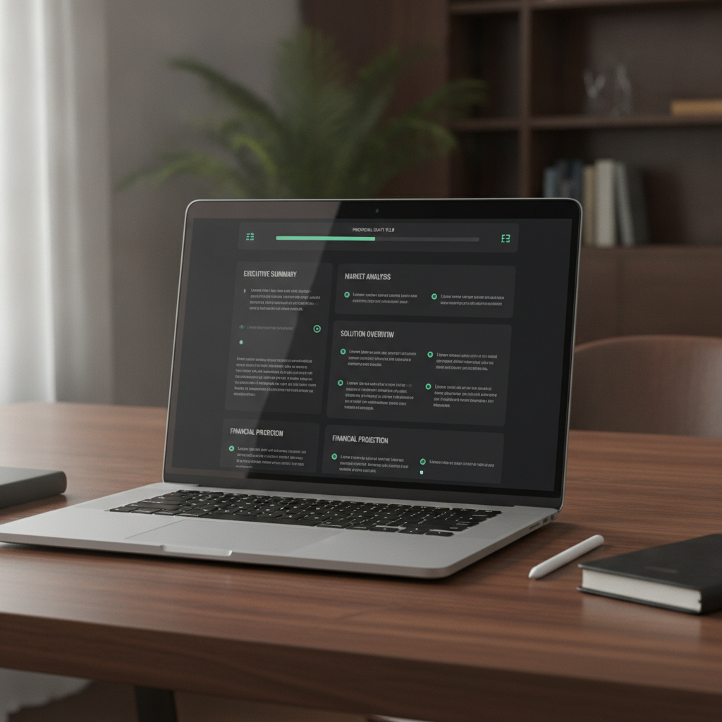 an elegant business proposal web document on a laptop screen with structured sections and mint highlights, dark professional UI, soft lighti