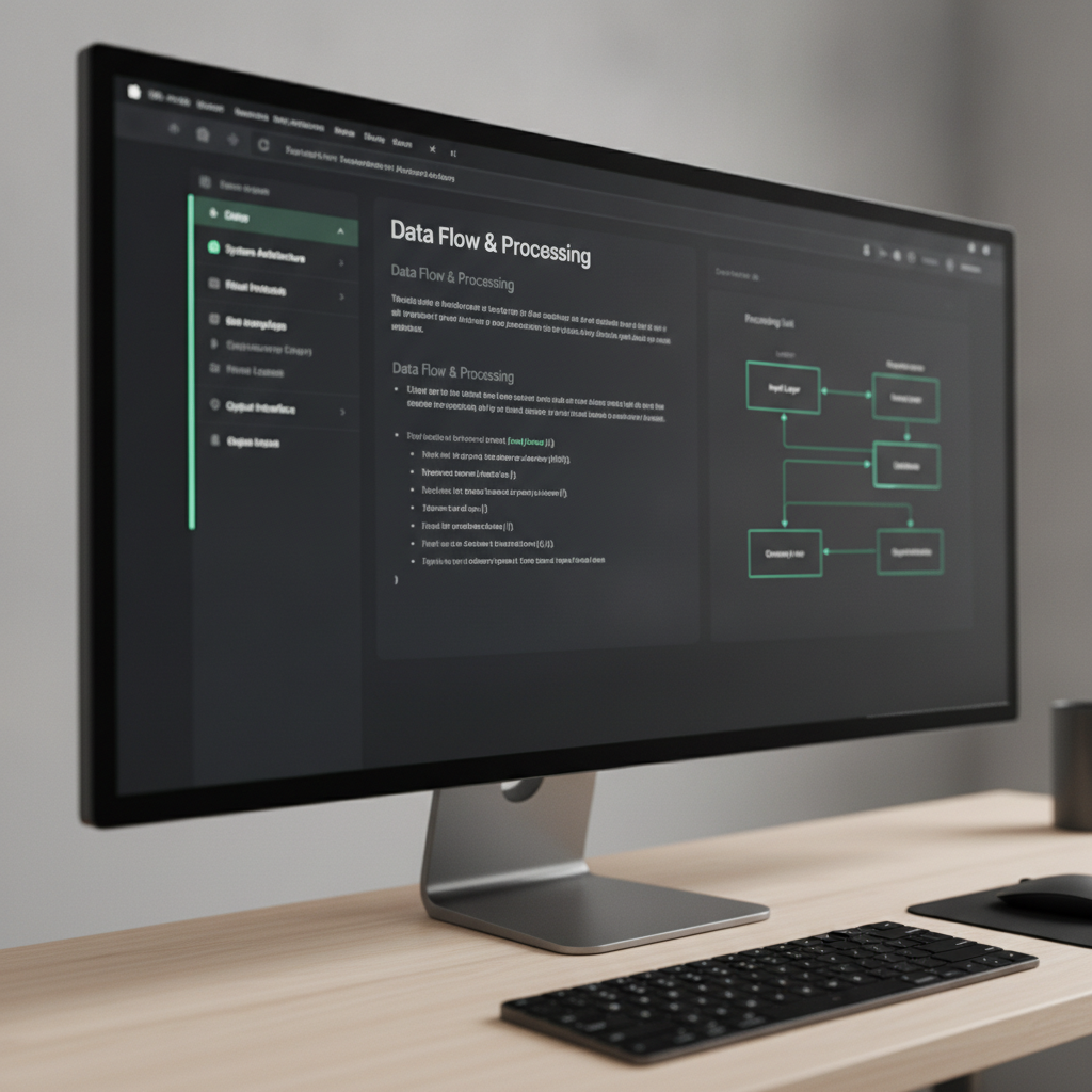 a detailed technical documentation web page with diagrams and clean typography on a monitor, mint accent navigation, dark mode UI, precise a