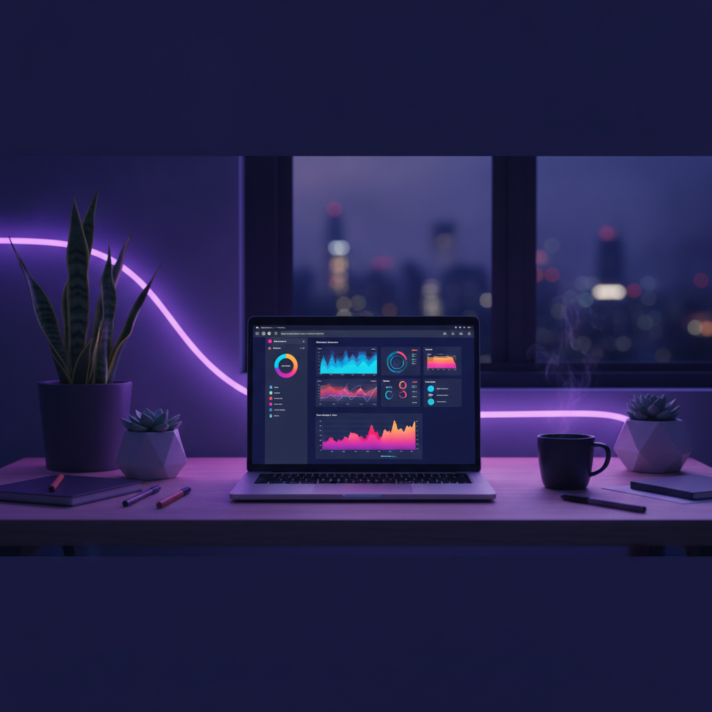a vibrant indigo-and-violet gradient workspace at dusk with a sleek laptop displaying a colorful web dashboard, glowing neon accent light