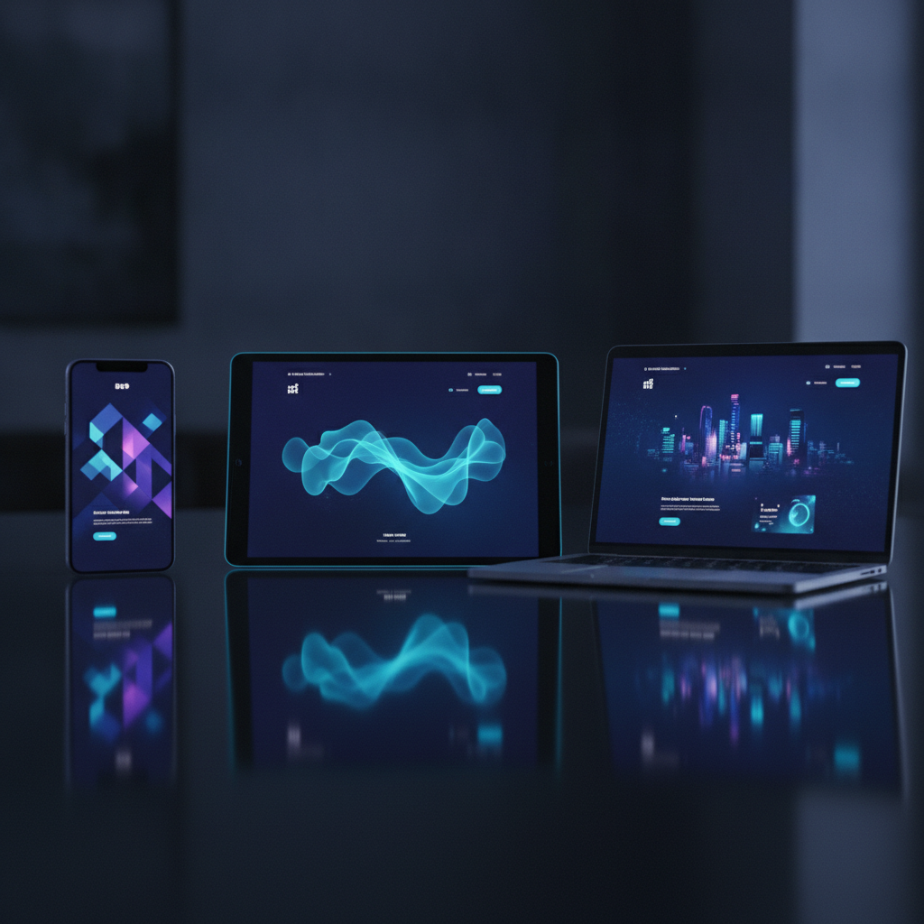 three sleek devices—a phone, tablet, and laptop—arranged in a clean fan, each displaying a different vibrant page design, glowing indigo and aqua