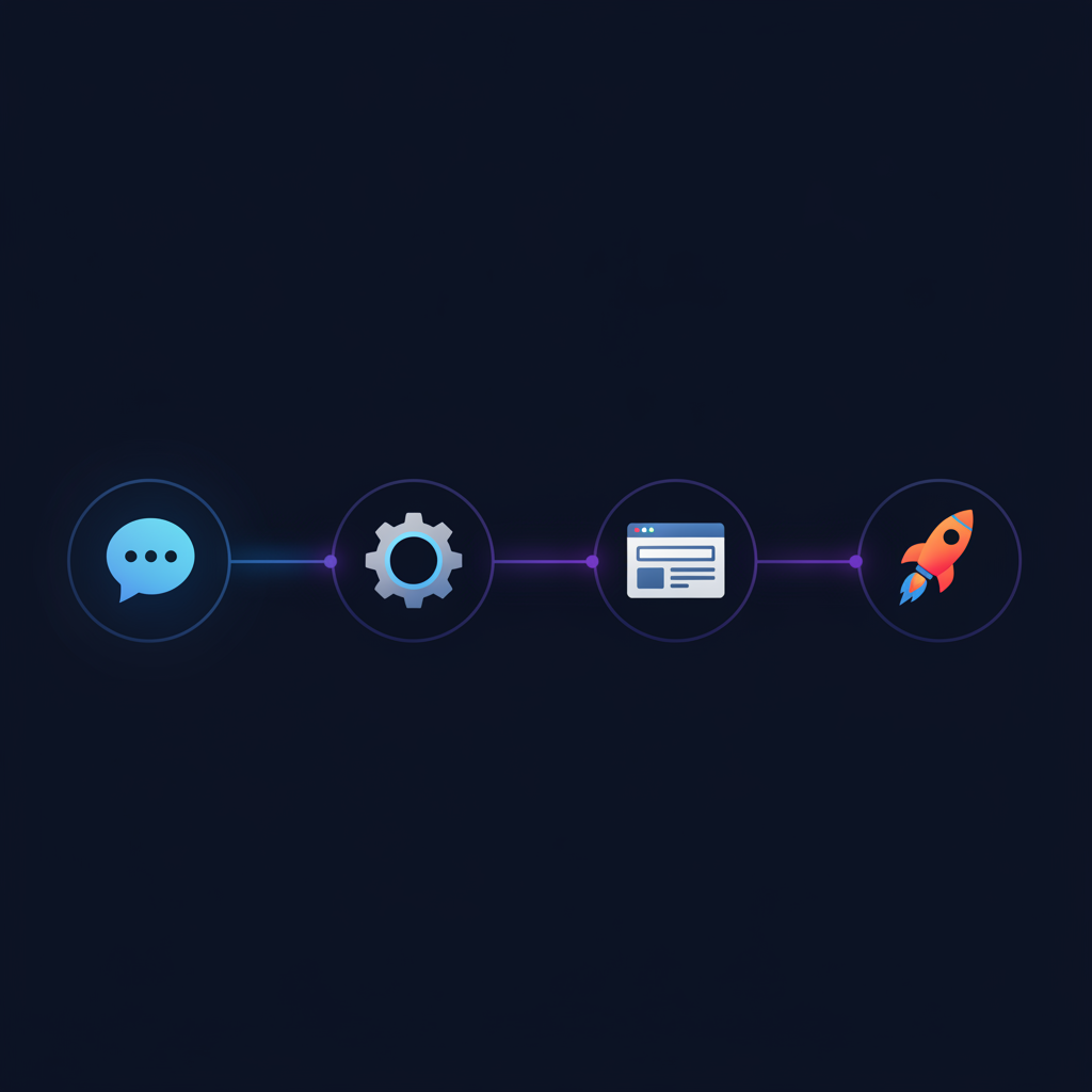 a clean minimal flat illustration of a four-step workflow with connected nodes—a chat bubble, a gear, a browser window, and a rocket—glowing