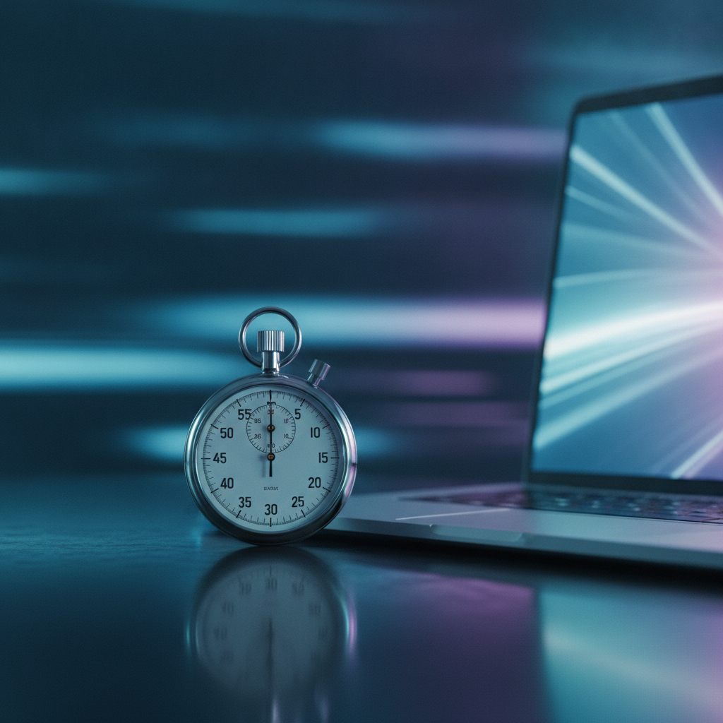 an elegant analog stopwatch resting beside a glowing laptop, motion-blurred light trails suggesting speed, cool cyan and violet ambient light