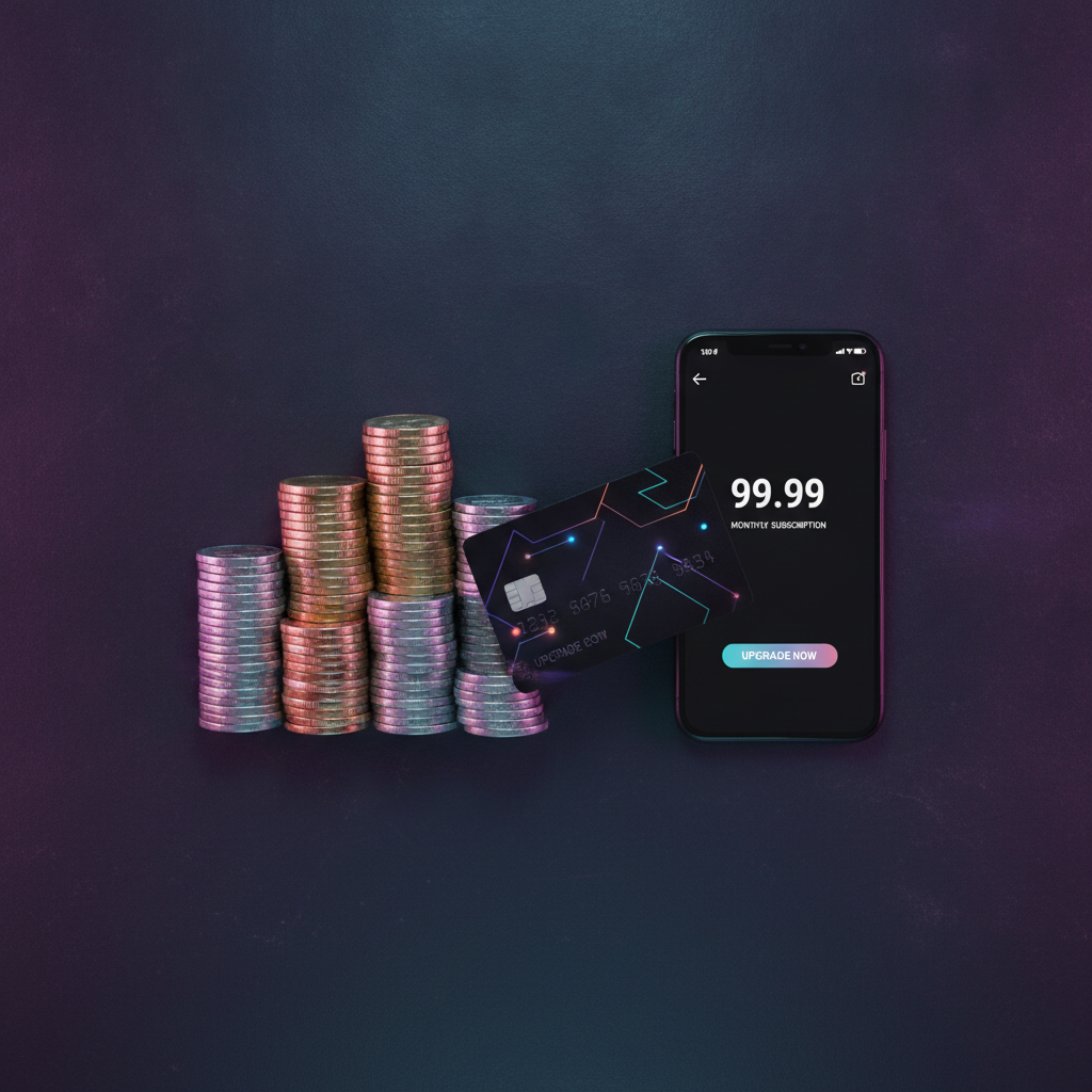 a flat lay of colorful stacked coins and a sleek credit card next to a smartphone showing a clean pricing screen, bright violet, cyan, and coral