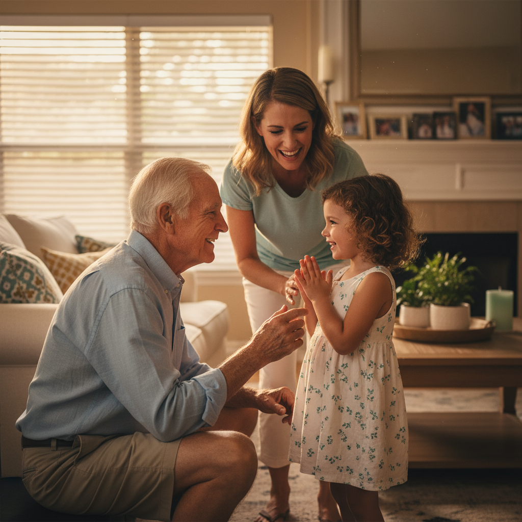 Warm cinematic photograph of a grandfather and young granddaughter meeting for the first time in a cozy suburban Florida living room, soft g