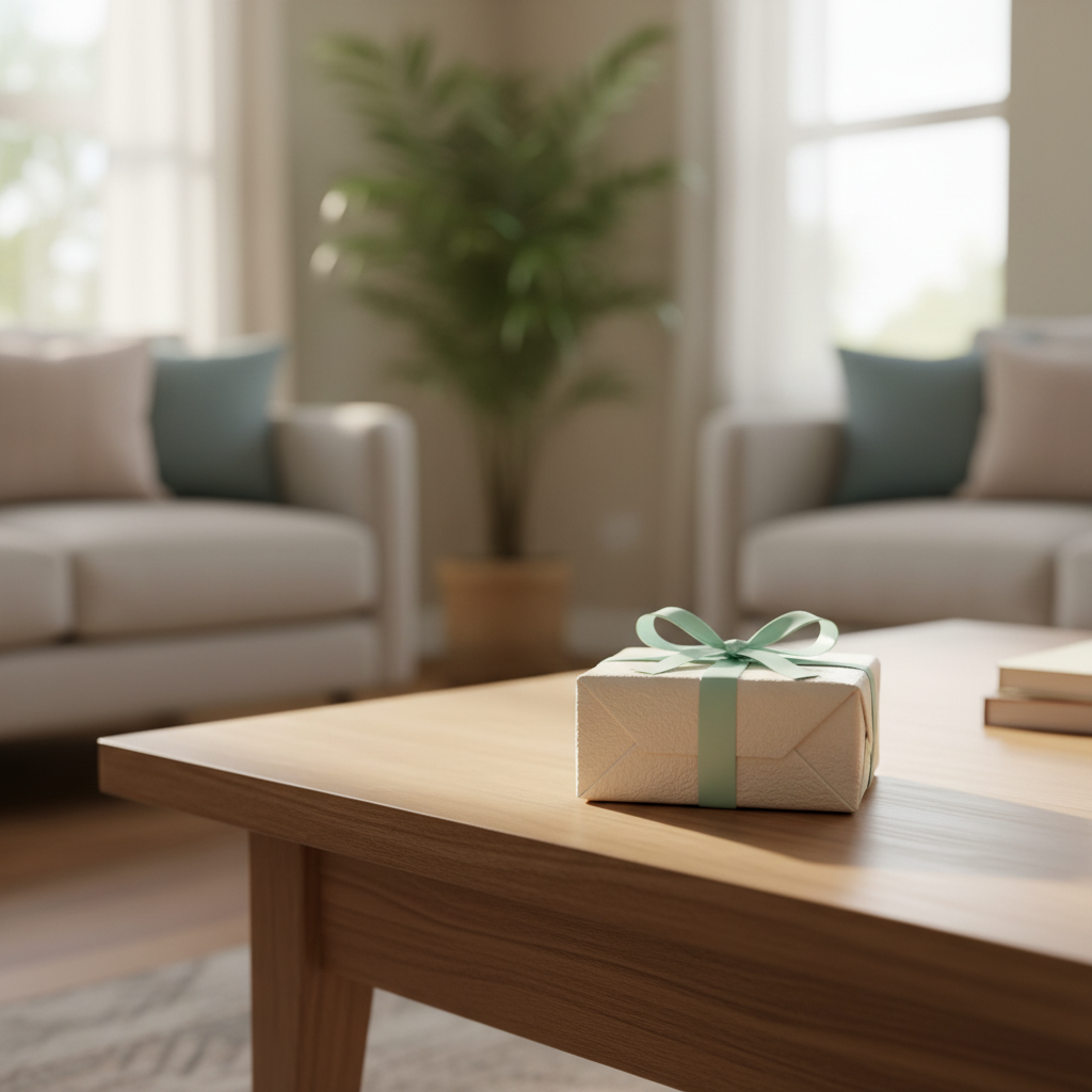 Close-up cinematic photograph of a small thoughtfully wrapped gift with a mint-colored ribbon sitting on a wooden coffee table, soft natural