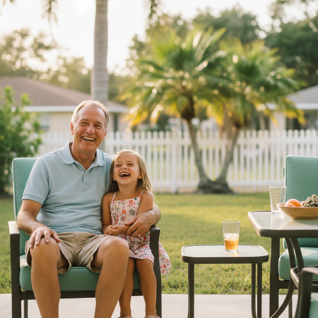 Warm lifestyle photograph of a grandfather and young granddaughter laughing together on a suburban Florida back patio, natural candid moment