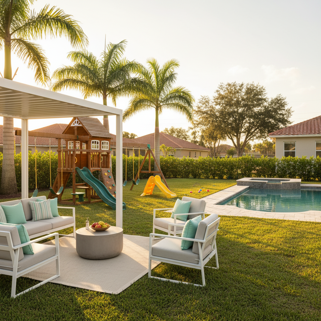 Wide cinematic photograph of a sunny Florida backyard with outdoor seating area and kids play equipment visible, warm afternoon golden hour