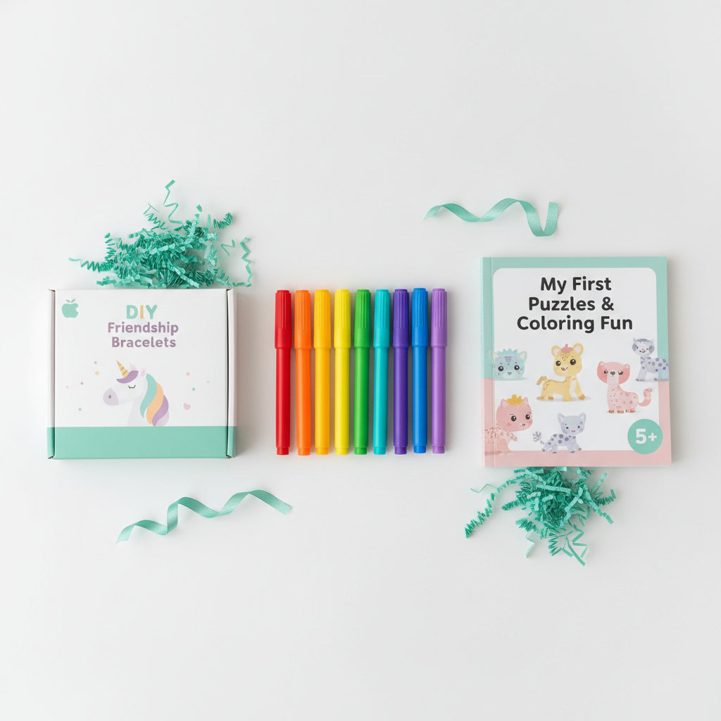 Product-style photograph of age-appropriate gifts for a 5-year-old girl arranged on a clean white surface, items include colorful markers, s