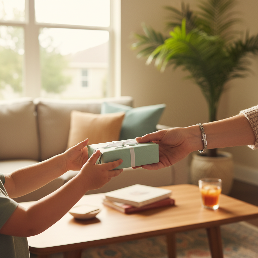 Lifestyle photograph showing hands passing a small wrapped gift to a child, warm natural lighting, suburban Florida home interior visible in