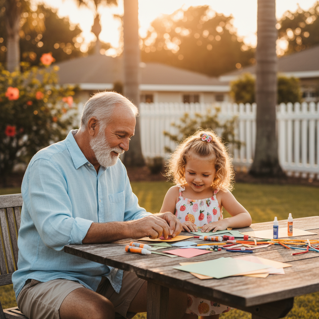 Warm cinematic photograph of a grandfather and young granddaughter sitting together at an outdoor patio table working on a craft project, na
