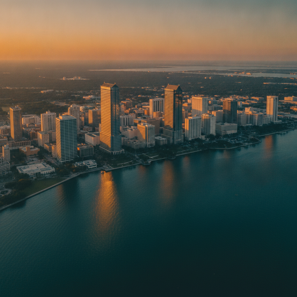 Aerial cinematic shot of downtown Tampa skyline at golden-hour sunset, glowing glass skyscrapers reflected in Hillsborough Bay, teal water c
