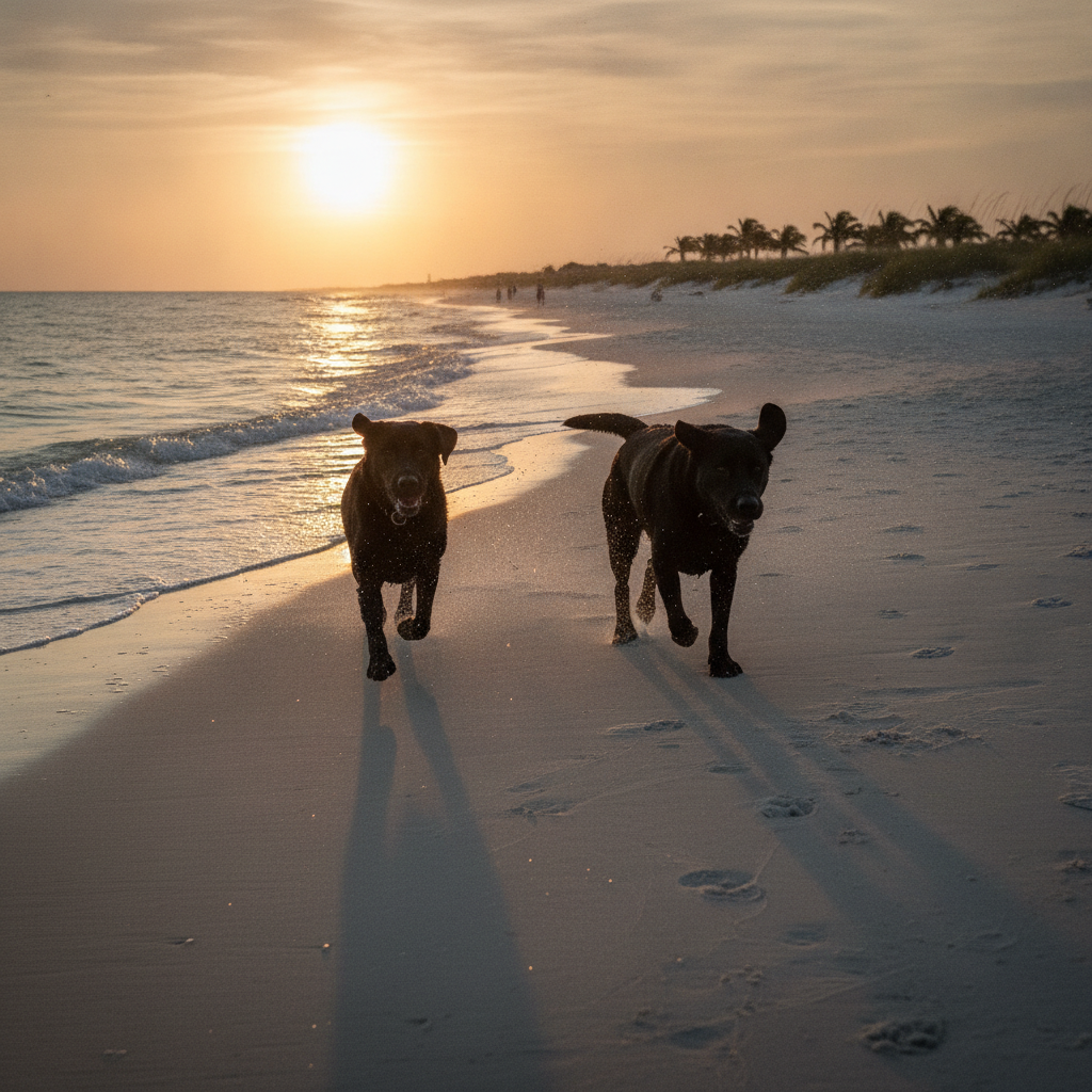 Two black labrador retrievers sprinting along a Florida Gulf Coast beach at golden hour, salt spray flying, low cinematic camera angle, warm