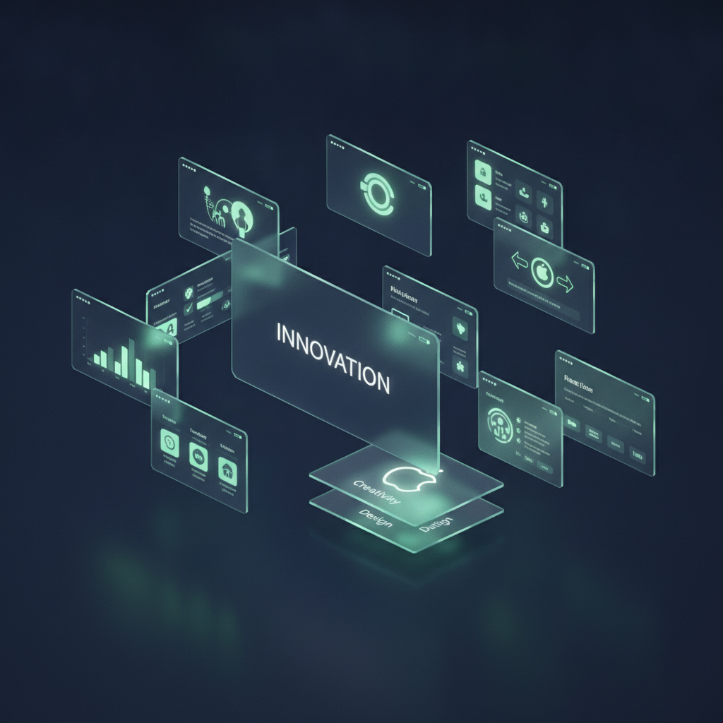 Apple keynote-style 3D isometric render of floating glass app cards and interface panels glowing with mint accent light against deep navy ba