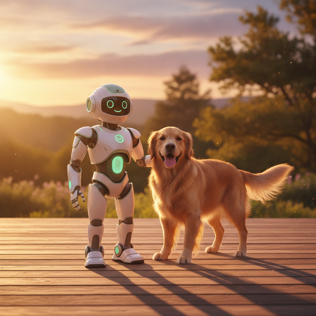 Friendly mint-accented robot assistant character glowing softly beside a happy golden retriever on a warm wooden deck at sunset, soft cinema