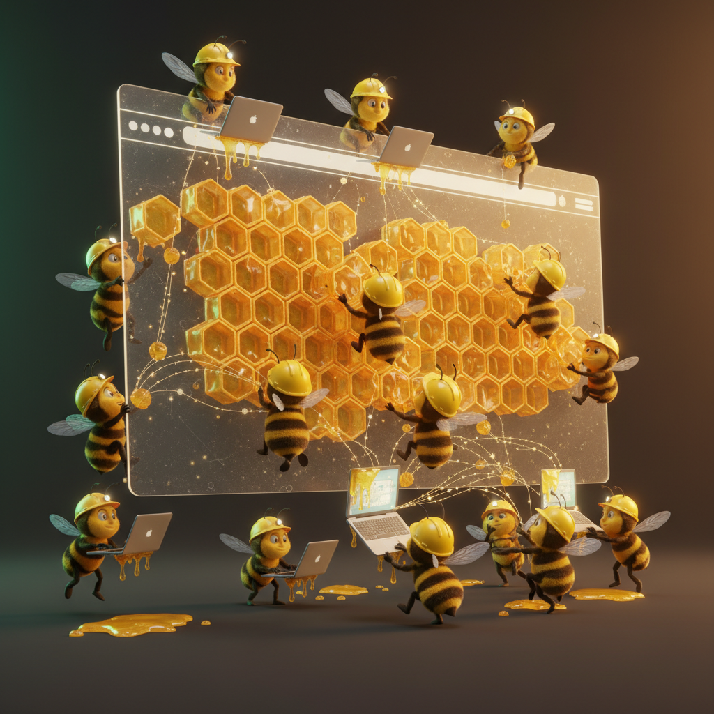 Cartoon worker bees in hard hats assembling a webpage made of honeycomb cells.