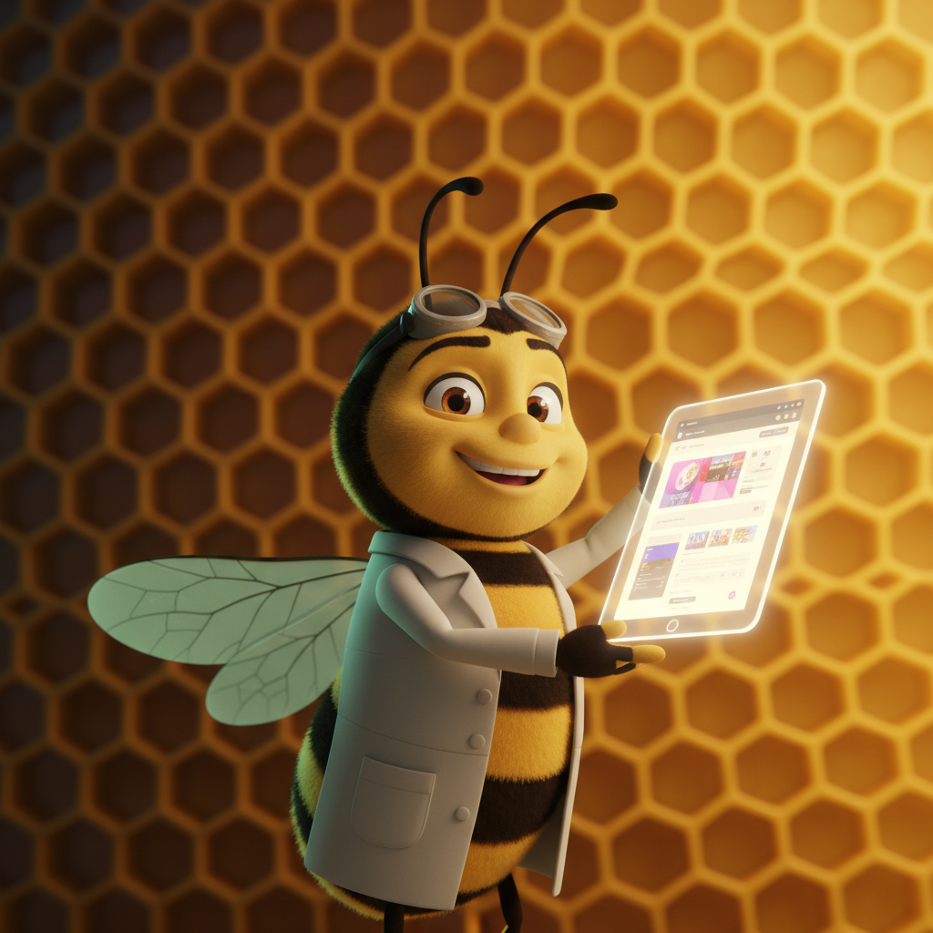 Cartoon bee in a lab coat proudly holding up a finished webpage like a tablet, in front of a honeycomb wall.
