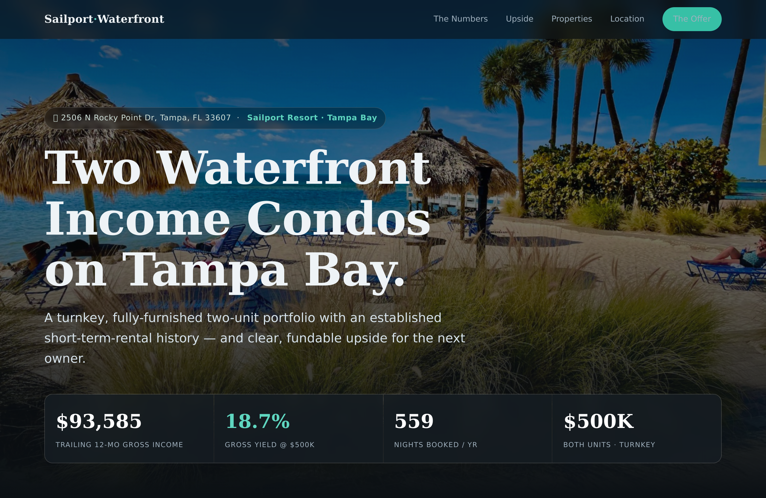 stylized preview of a waterfront Tampa Bay condo investment listing page, hero photography of bay-view condos at sunset, financial figures a